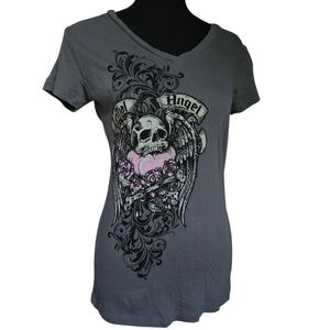 2010s Lethal Angel Skull Wing V Neck Top Sz L